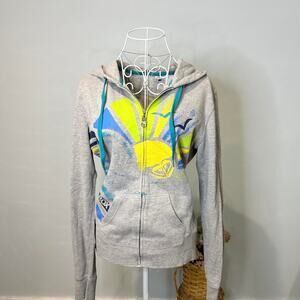 Cute vintage y2k Roxy zip-up hoodie in gray with colorful logo stitching details